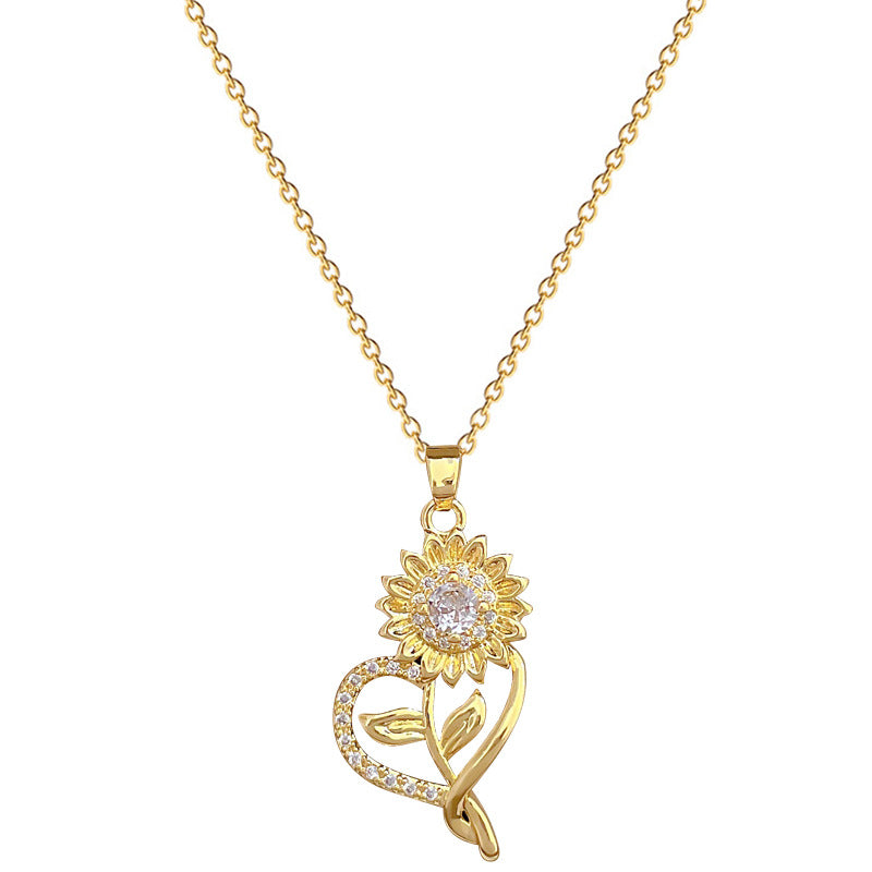 Elegant Titanium Steel Floral Pendant Necklace and Earrings Set with Rhinestone Inlay for Women