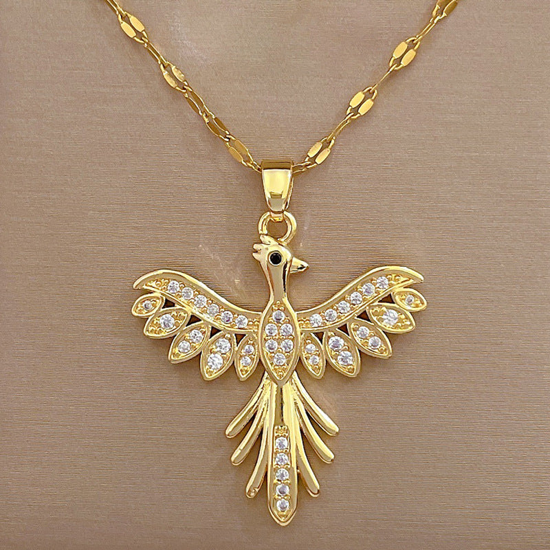 Collana da donna con ciondolo a fenice di lusso con strass, catena in acciaio al titanio, elegante collana clavicola dal design geometrico