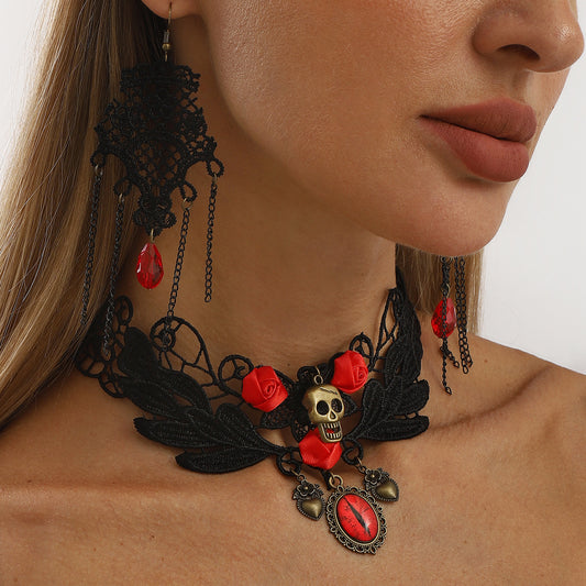Juego de collar y pendientes de borlas con rosas de encaje gótico de Halloween para mujer con detalles de pedrería