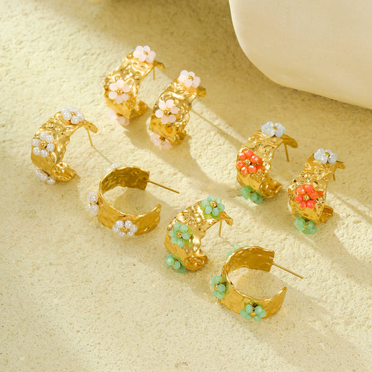Vintage Style C-Shaped Textured Stainless Steel Earrings with Colorful Zircon and Pearl Beads, 18K Gold Plated