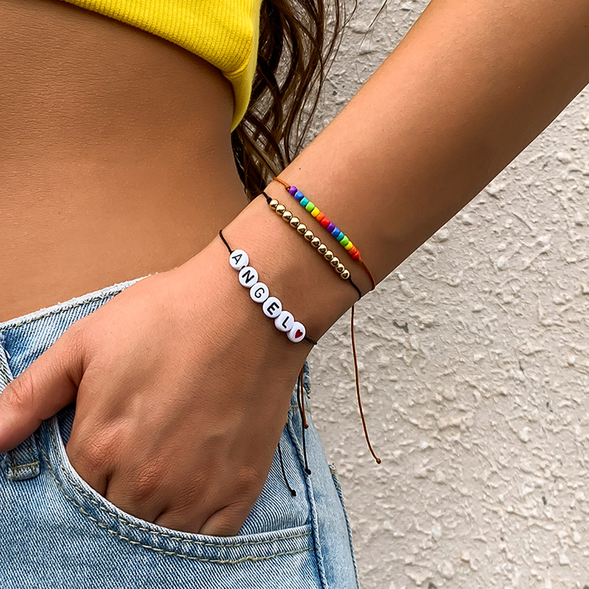 Sweet Minimalist Acrylic Letter Beaded Bracelet Set for Women