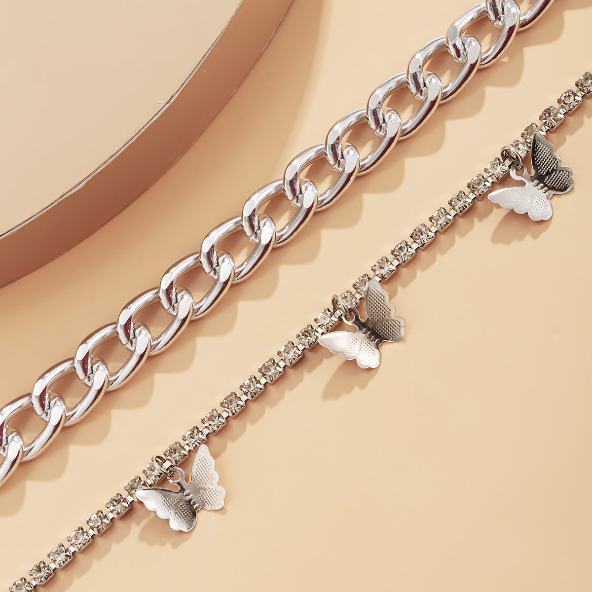 Minimalist Geometric Butterfly Rhinestone Alloy Plated Necklace with Curb Chain for Women