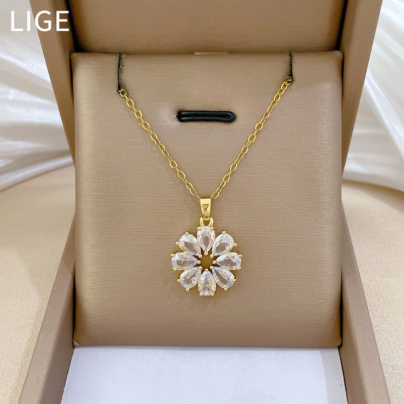 Rotating Zircon Flower Pendant Necklace for Women Stainless Steel Delicate Clavicle Chain with Full Rhinestone Accents