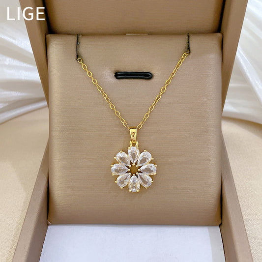 Collana con Ciondolo Fiore Girevole in Zircone per Donna, Catena Delicata in Acciaio Inox con Strass Completi