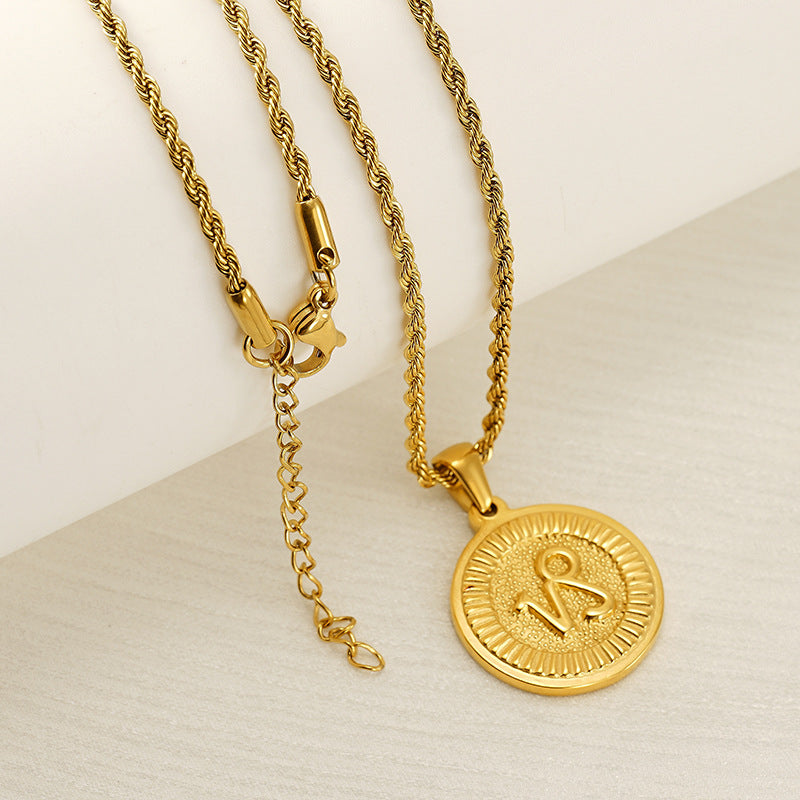 Vintage 18K Gold Plated Round Zodiac Pendant Titanium Steel Rope Chain Necklace Unisex