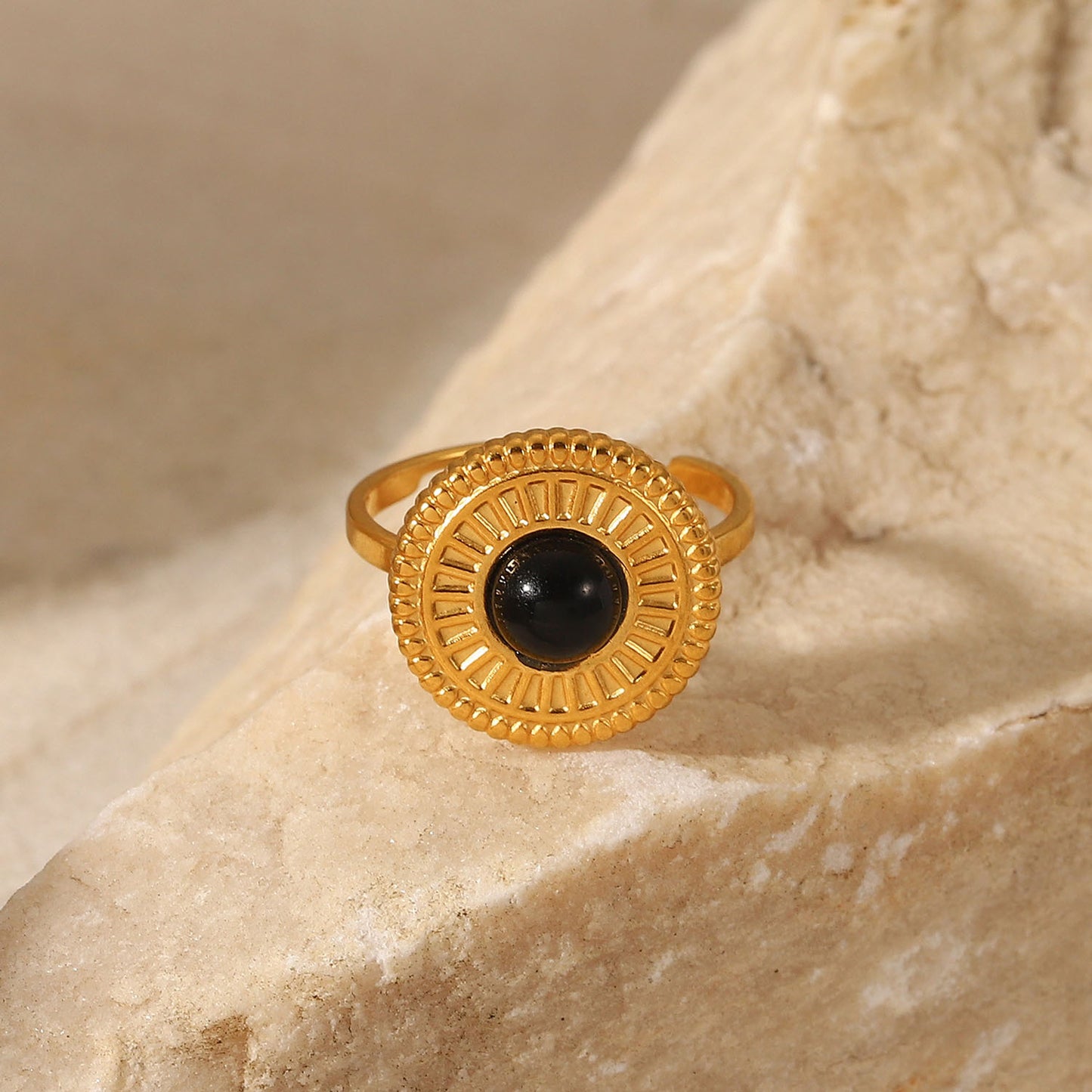Minimalist Geometric Black Stainless Steel Adjustable Ring with Round Disc Pendant for Women