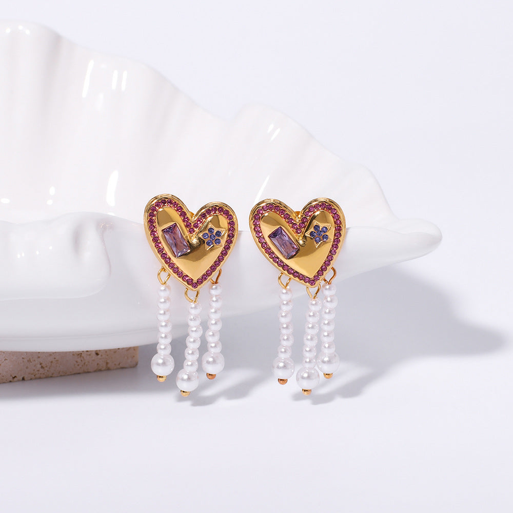 Pendientes Ins Style de Acero Inoxidable en Forma de Corazón con Incrustaciones de Pedrería y Colgante de Perla para Mujer