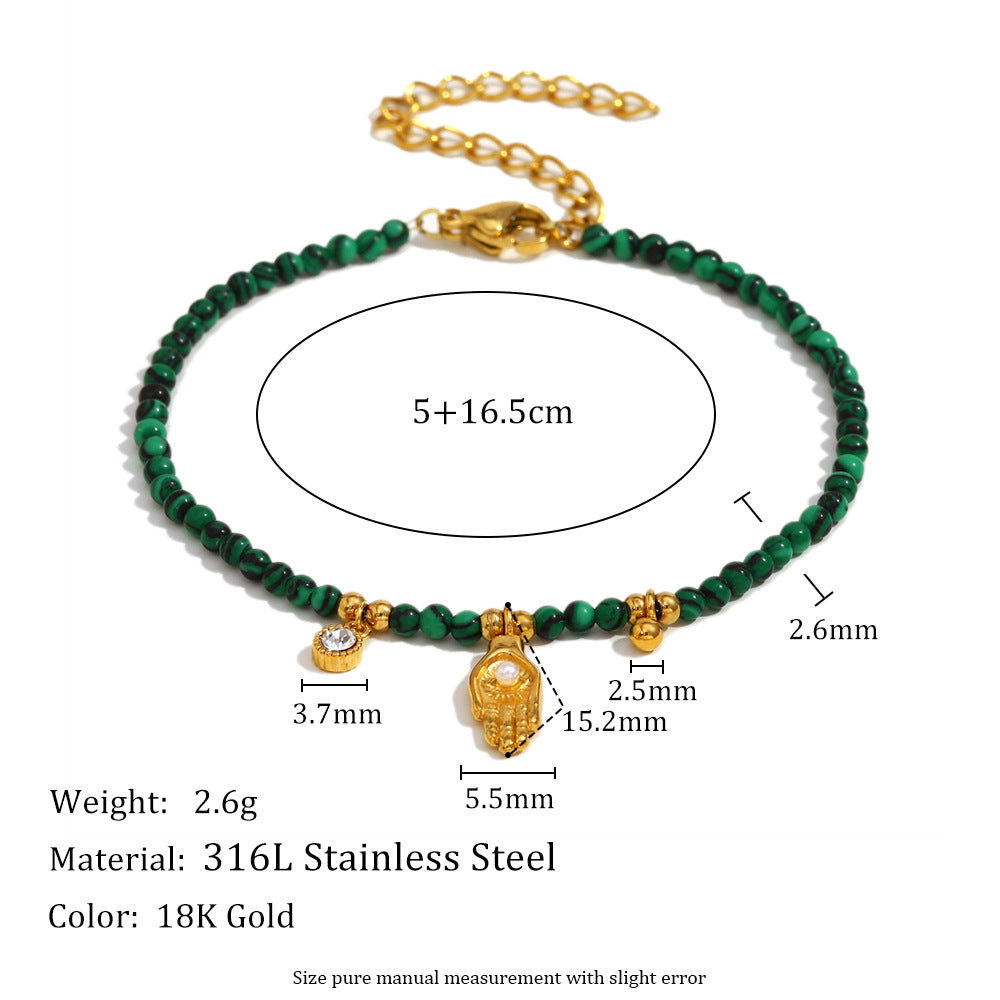 Vintage-Inspired Geometric Stainless Steel Plated with 18K Gold Hand Pendant Bracelet Featuring Natural Stone and Palm-Shaped Coin Charm