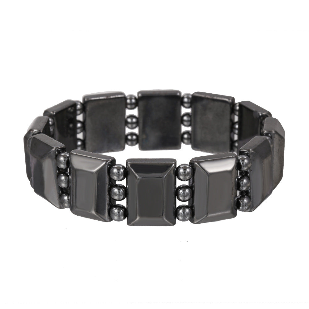 Vintage Handmade Geometric Round Hematite Bracelet with Turquoise Inlay for Unisex