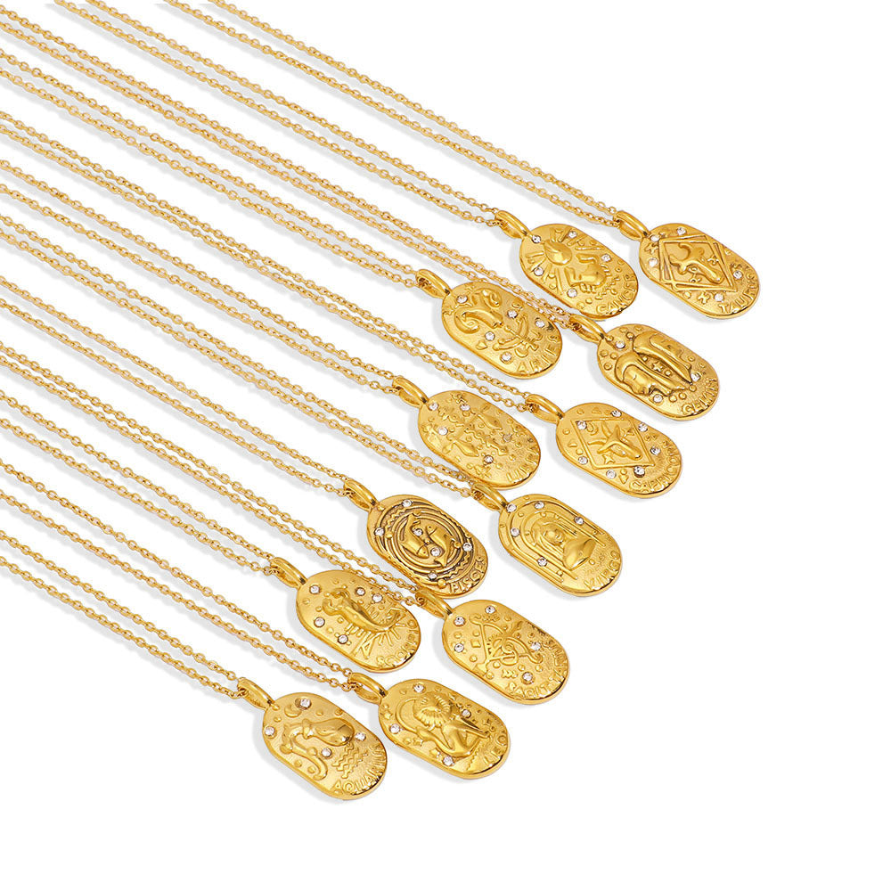 Minimalist Square Zodiac Pendant Necklace in Stainless Steel with Rhinestone Inlay and 18K Vacuum Plating for Women