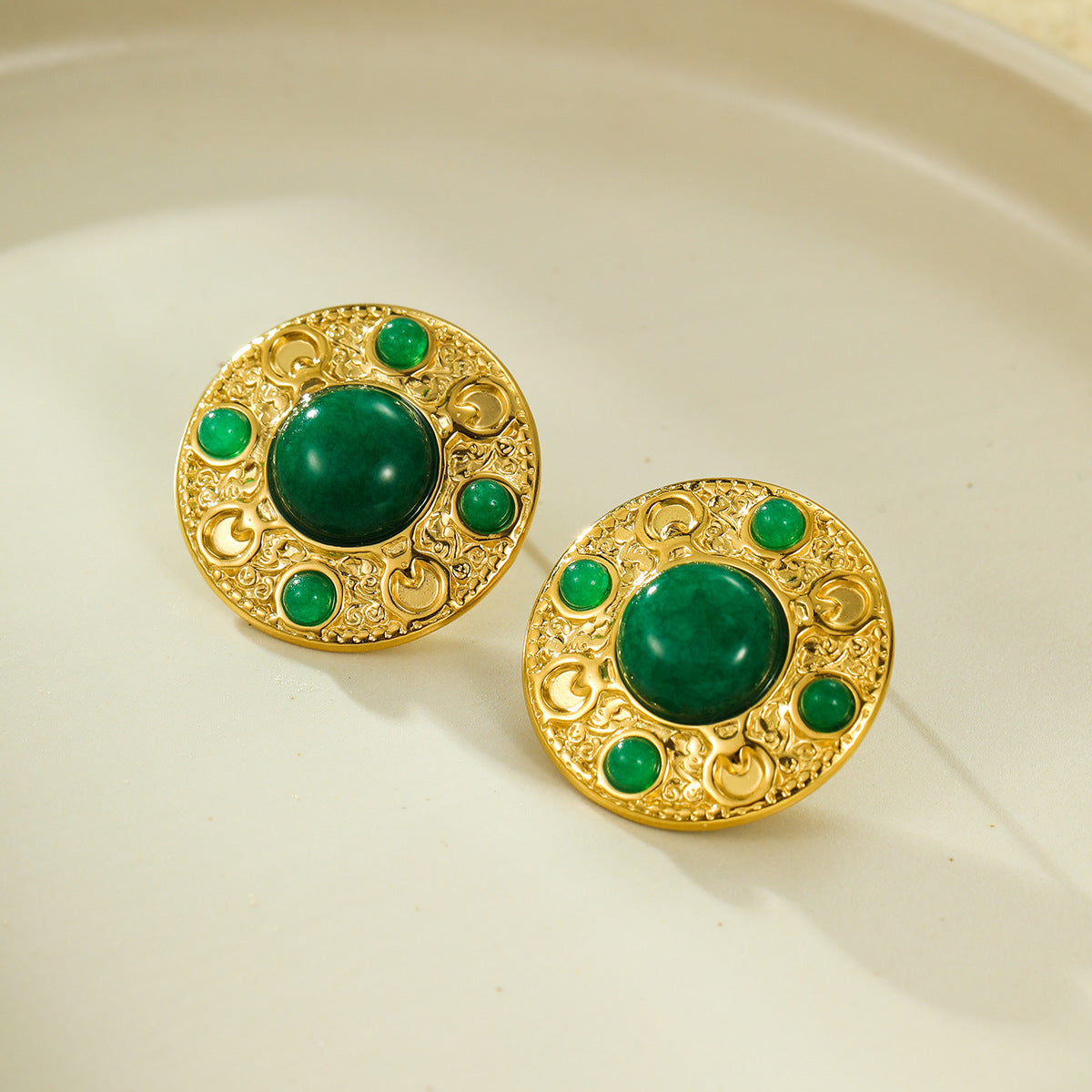 Pendientes de acero inoxidable color verde esmeralda con diseño geométrico, estilo francés vintage y acabado chapado para mujer