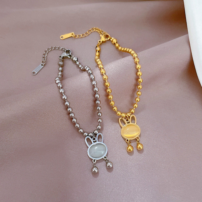Minimalist Rabbit-Shaped Titanium Steel Bracelet with Gold Inlay and Wavy Texture for Women