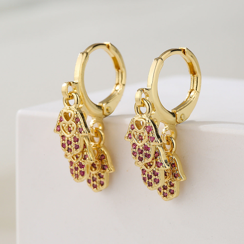 Minimalist Geometric Fatima Hand Pendant Earrings for Women with Copper Base Plated in 18K Gold and Micro-Paved Zirconia