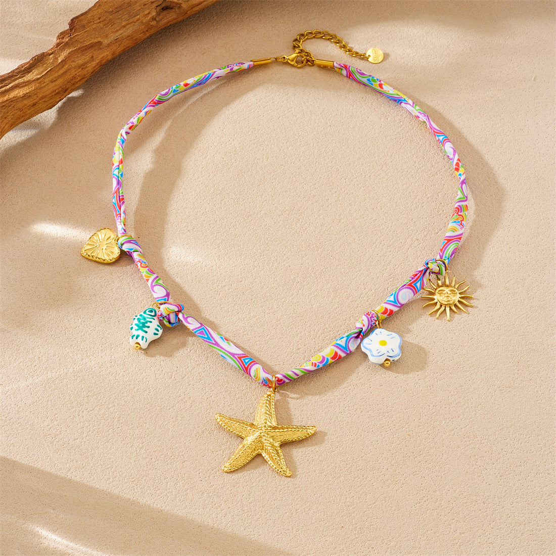 Elegant Gold Plated Stainless Steel Star and Animal Pendant Necklace with Ceramic Fish and Sunflower Charms