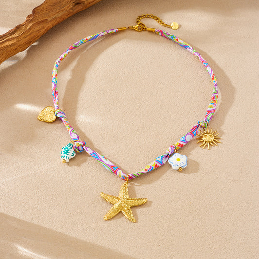 Elegant Gold Plated Stainless Steel Star and Animal Pendant Necklace with Ceramic Fish and Sunflower Charms
