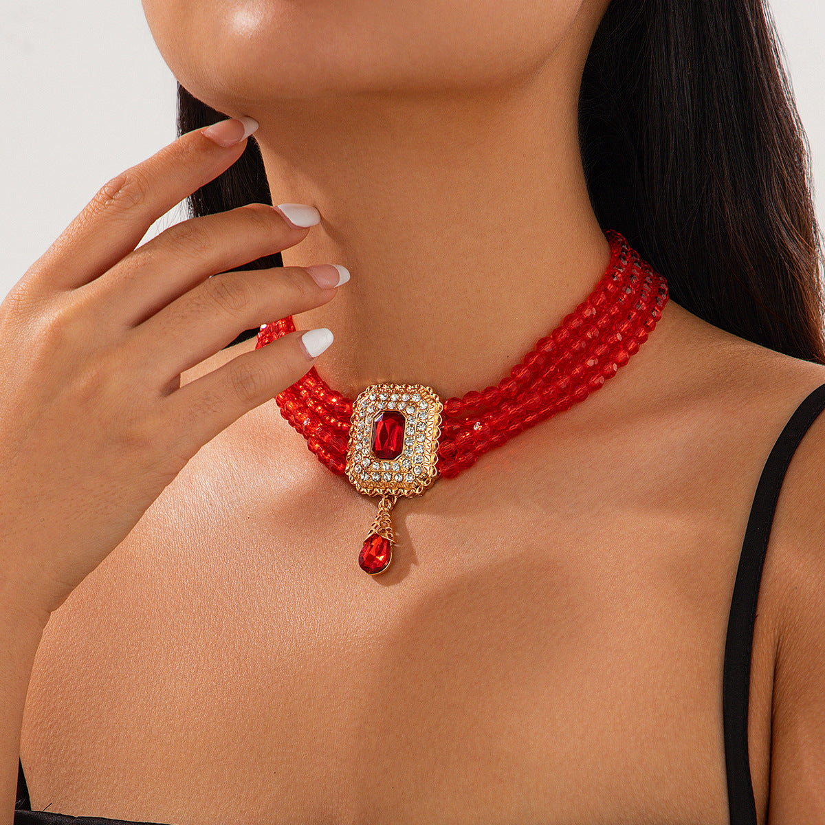 Collar tipo gargantilla de cristal estilo francés vintage con dijes geométricos cuadrados y de lágrima en cadena de perlas para mujer