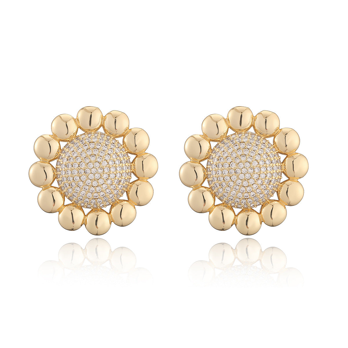 Minimalist 18K Gold Plated Brass Geometric Cubic Zirconia Sunflower Stud Earrings for Women
