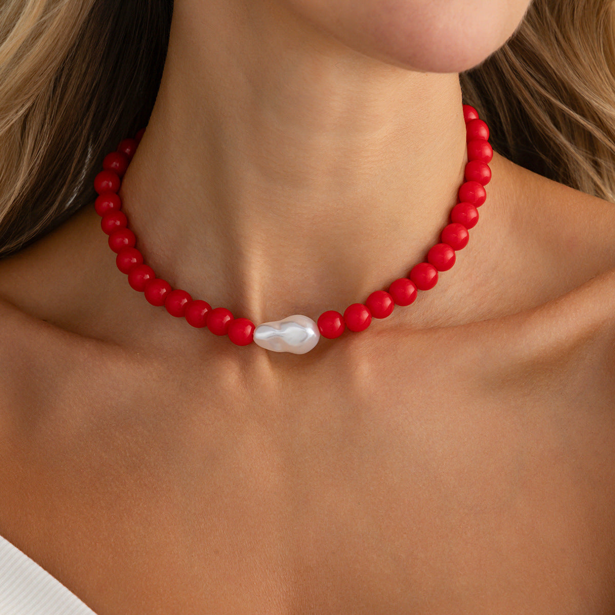 Vintage Geometric Acrylic Beaded Necklace with Baroque Pearl Pendant for Women