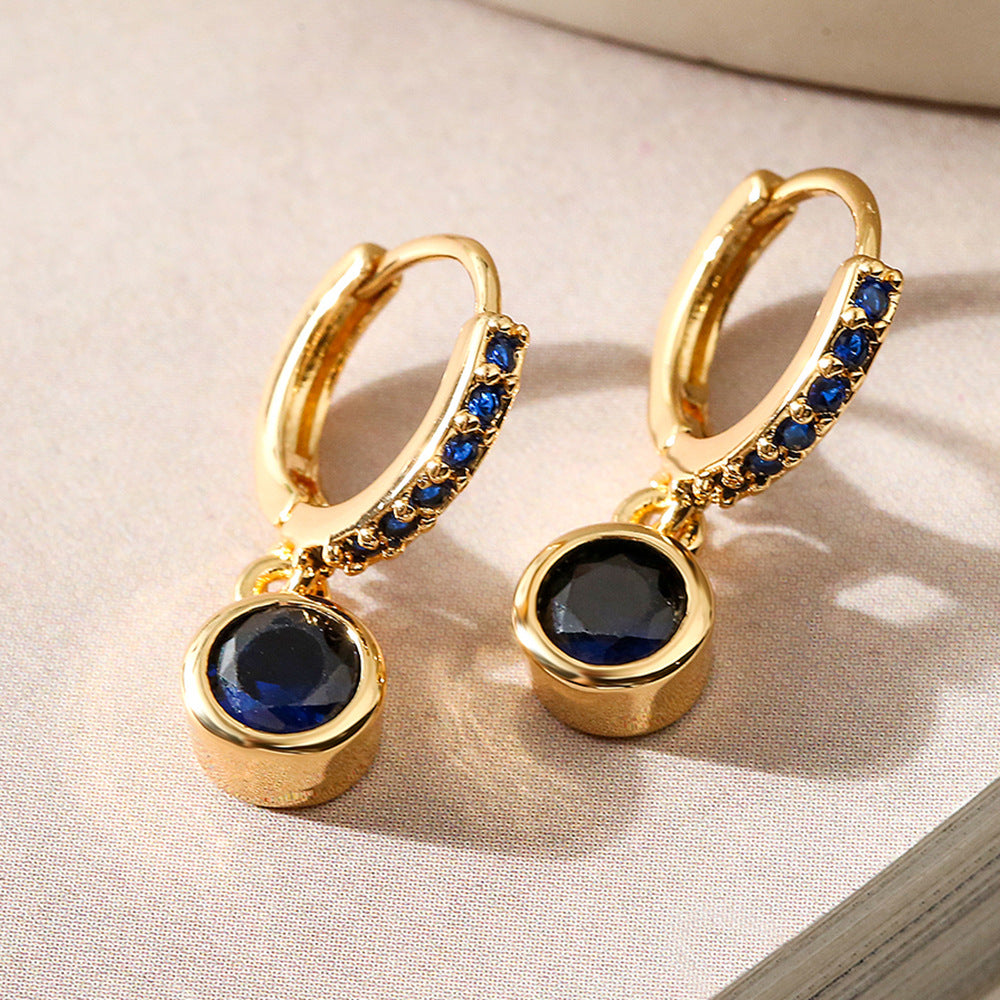 Minimalist Geometric Copper Earrings with Real Gold Plating and Zircon Waterdrop Accents for Women