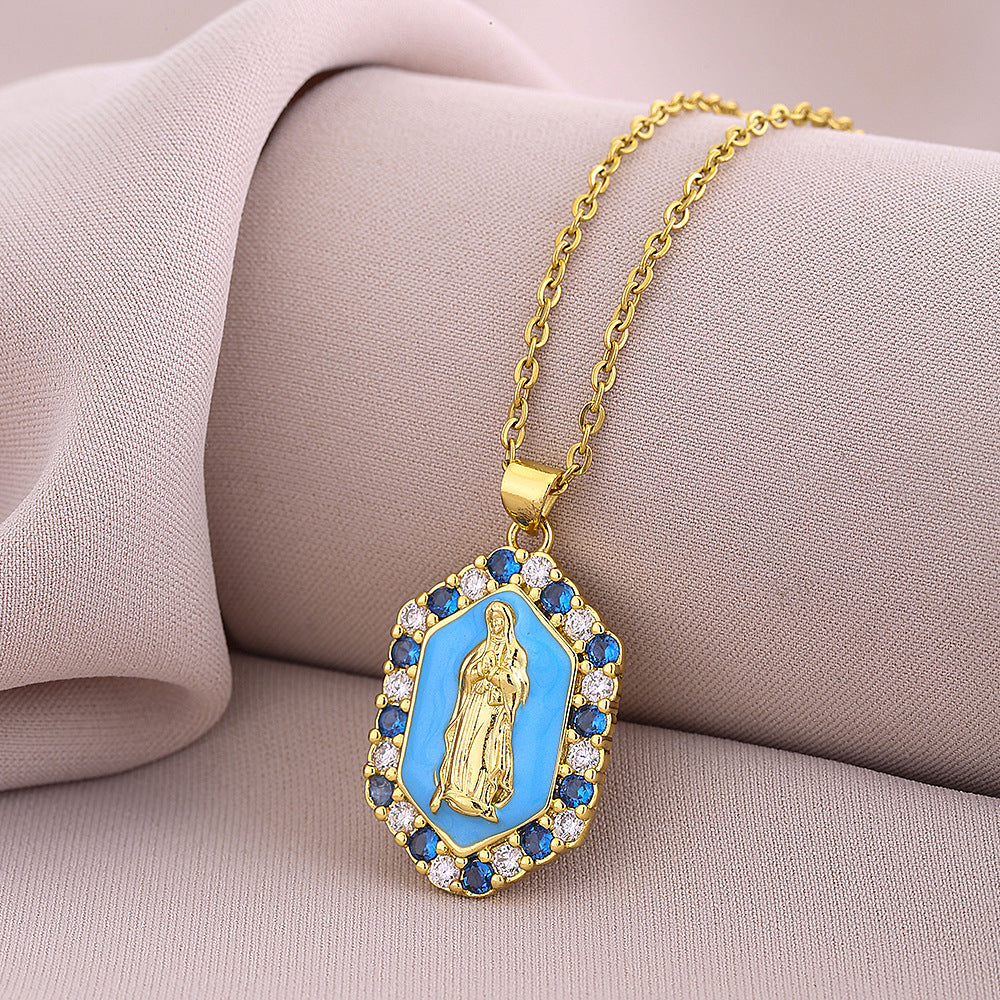 Collana con Pendente Vintage in Smalto e Zirconia dalla Forma Geometrica con Catena a Maglie per Unisex