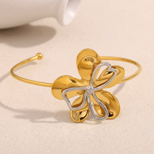 Minimalist Floral Stainless Steel Plated 18K Gold Bracelet with Delicate Line Design