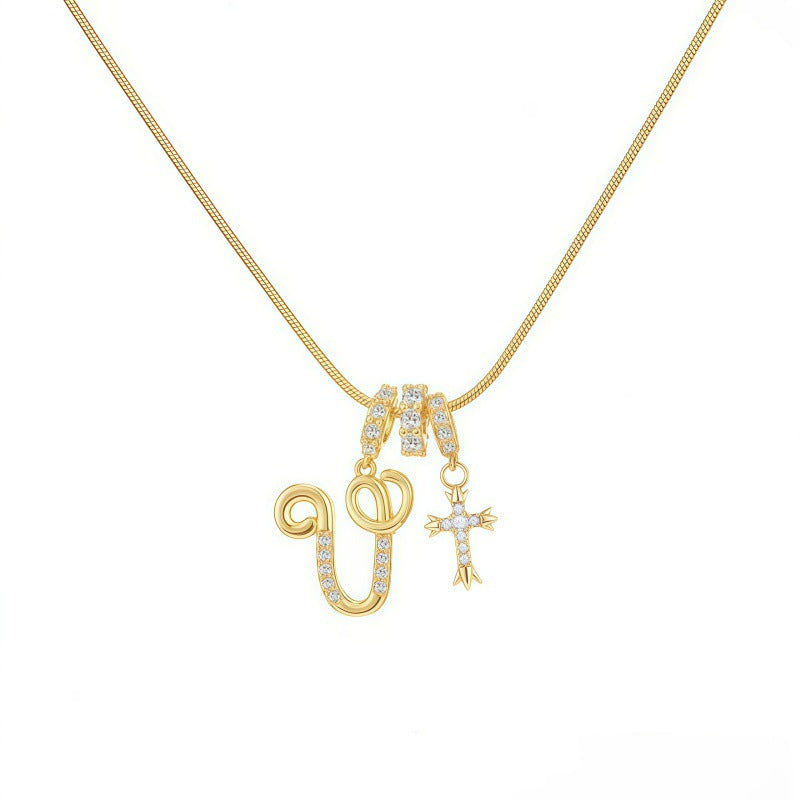 Sweet 22K Gold Plated Letter Titanium Steel Pendant Brass Cable Chain Necklace Unisex