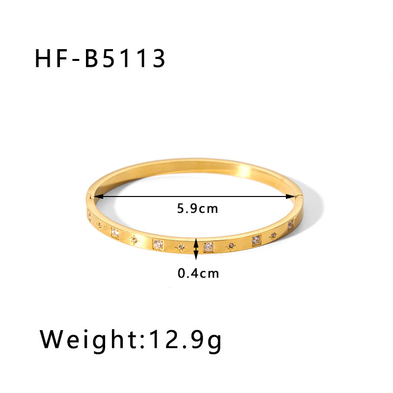 Vintage-Inspired Titanium Steel Cuff Bracelet with Zircon Inlay, Asymmetrical Design, Vacuum-Plated 18K Gold Finish for Women