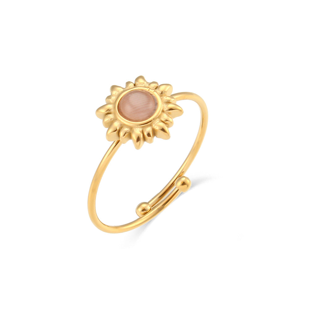 Anello da donna regolabile in acciaio inossidabile con agata nera e occhio di gatto, stile geometrico vintage alla moda