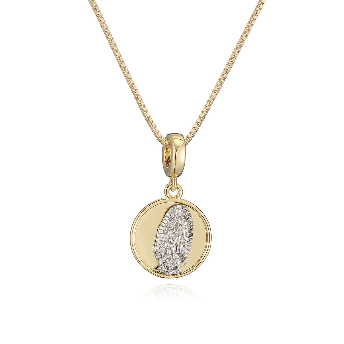 Vintage Minimalist Round Brass Gold Plated Cubic Zirconia Virgin Mary Pendant Necklace