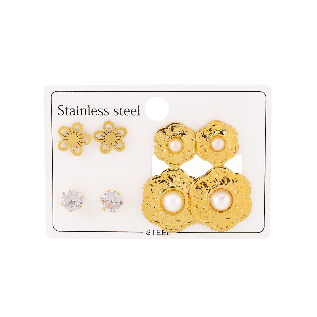 Aretes de Acero Inoxidable con Diseño Geométrico de Estrella Floral y Detalles de Perlas para Mujer