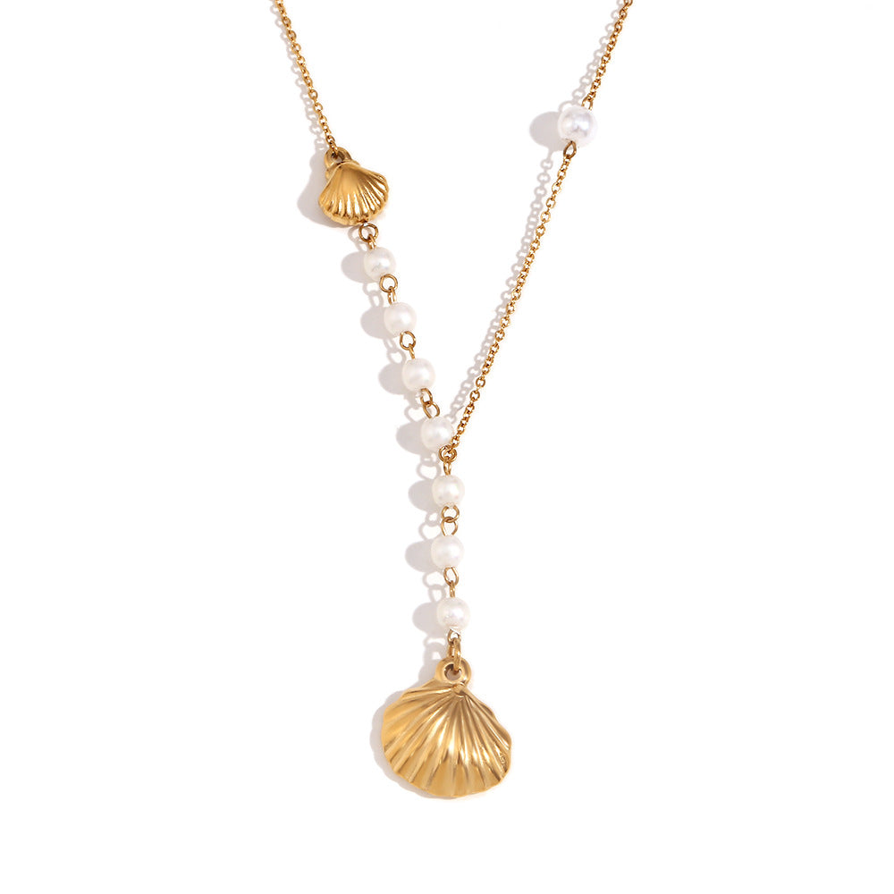 Collar con colgante geométrico de acero inoxidable de inspiración vintage con chapado en oro de 18 quilates y diseño inspirado en conchas para mujer