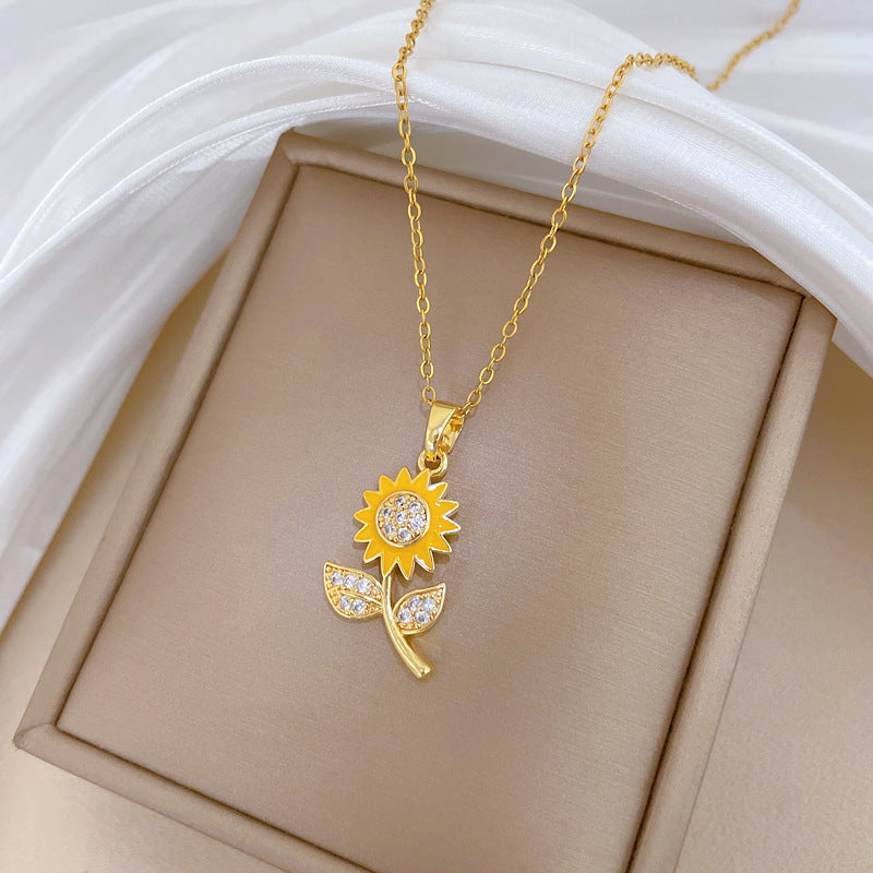 Sweet Elegant Drip Oil Rhinestone Sunflower Titanium Steel Necklace for Unisex