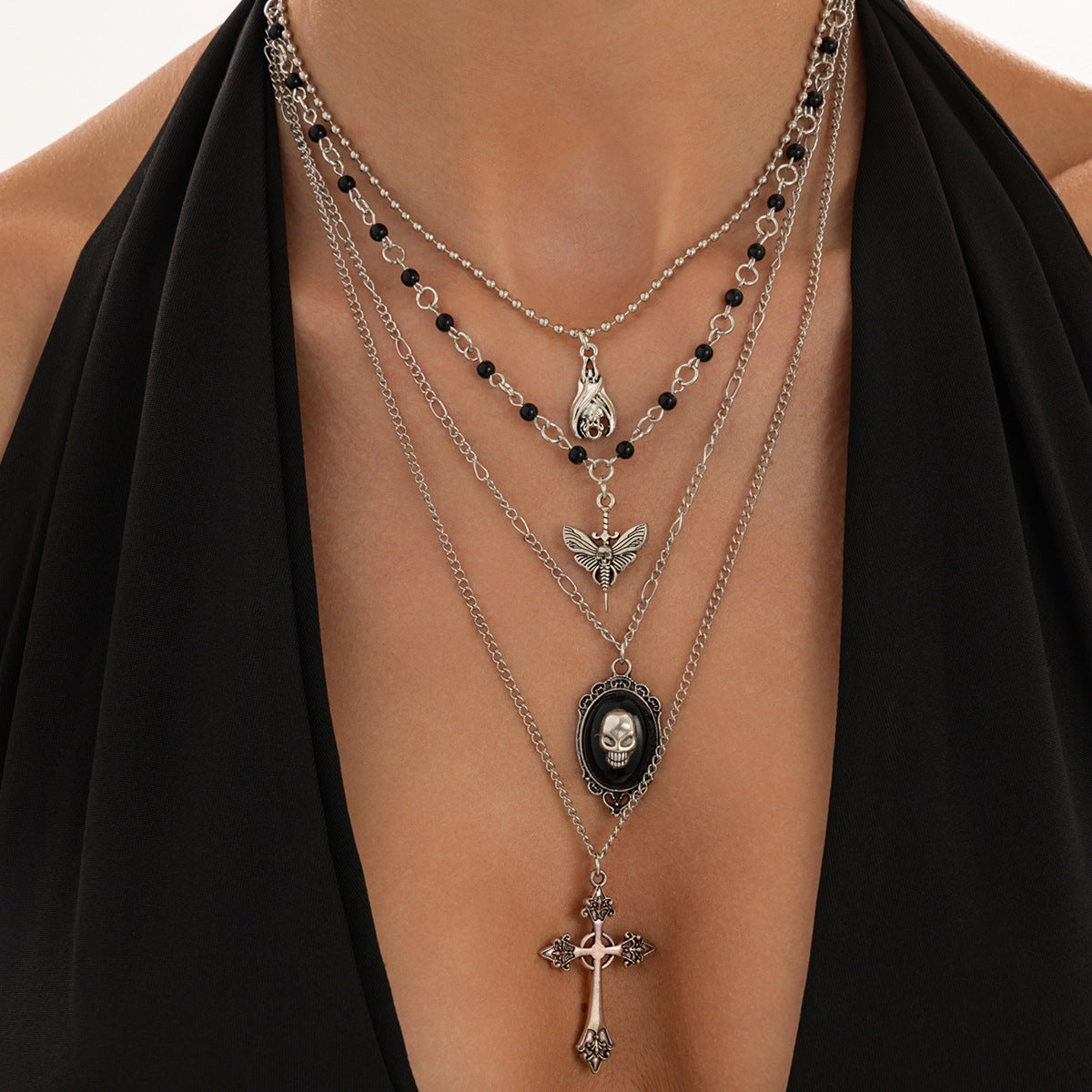 Punk Vintage Cross Skull Zinc Alloy Plated Pendant Necklace with Ball Chain for Women