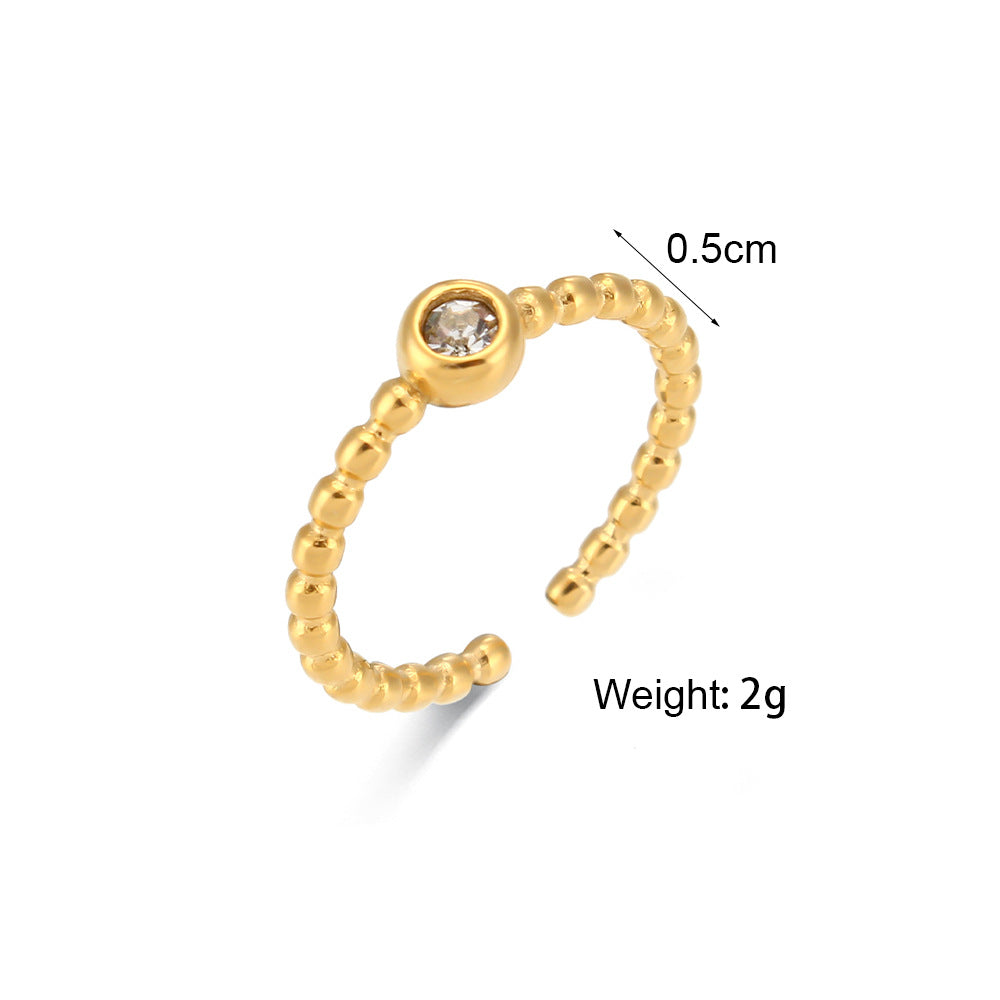 Minimalist Geometric Stainless Steel Ring with 18K Gold Plating and Cubic Zirconia Bead Accent