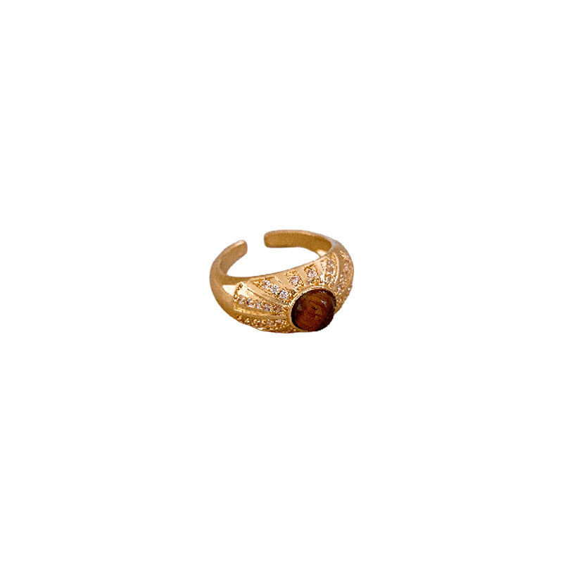 Vintage Geometric Open-Finger Ring for Women with Cubic Zirconia Inlay and Copper Band, Luxury-Style Hand Jewelry