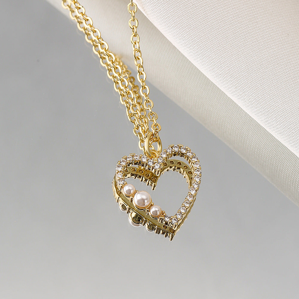 Elegant French-Style Heart-Shaped Zircon and Pearl Pendant Necklace for Women in Copper with Minimalist Design