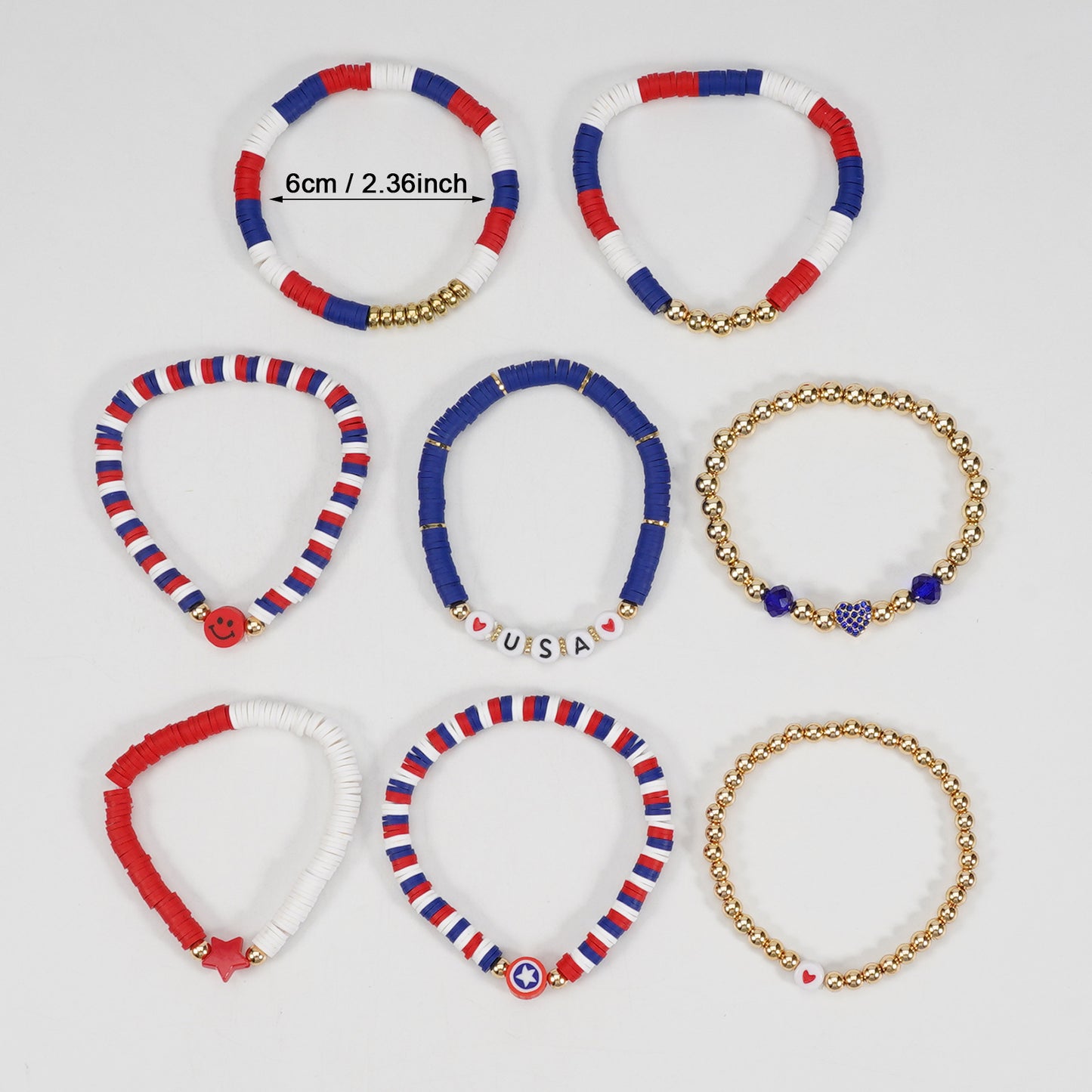 Pulsera de cuentas de resina geométrica unisex con bandera de Estados Unidos en rojo, blanco y azul