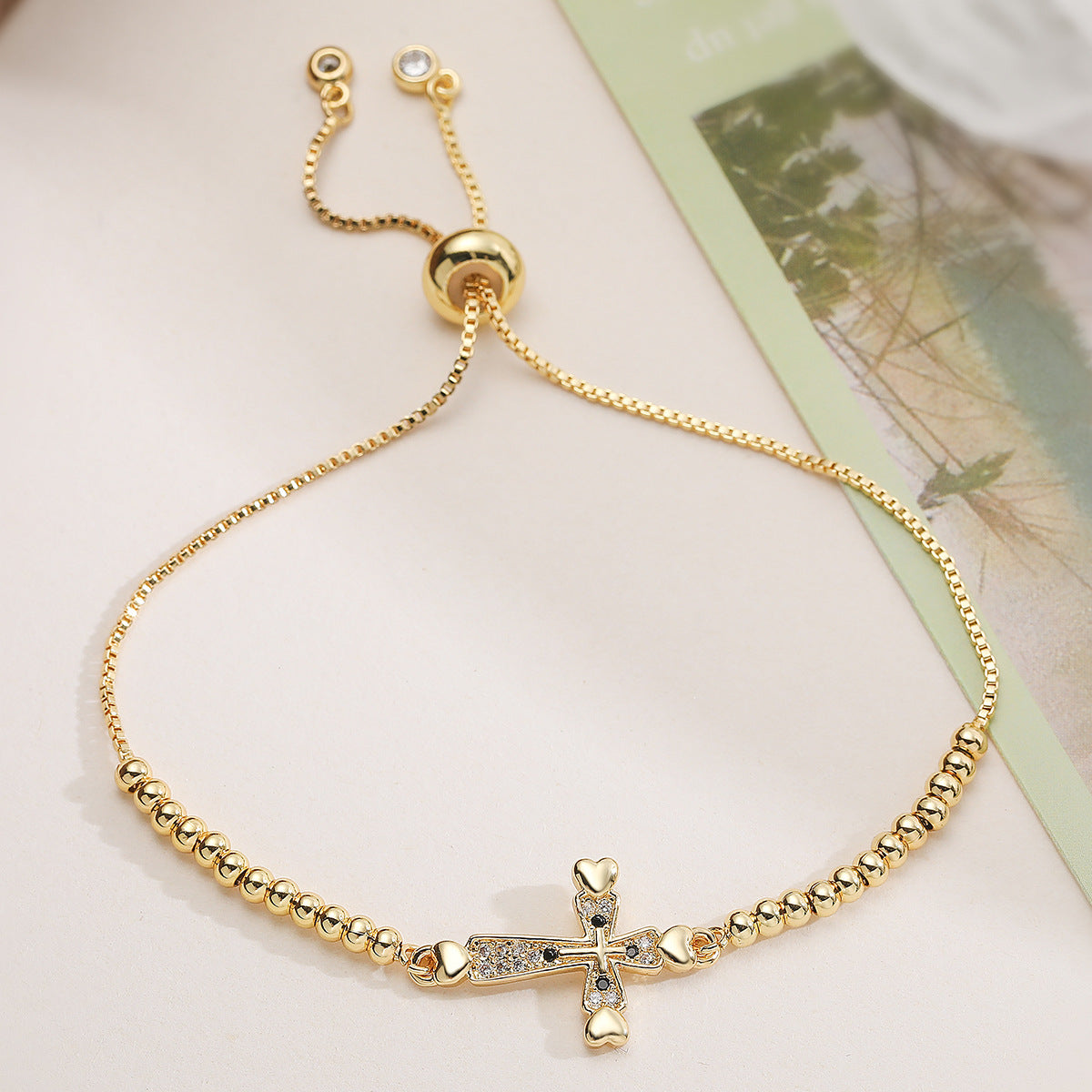 Minimalist Elegant 18K Gold Plated Brass Cross Bracelet with Cubic Zirconia Inlay for Women