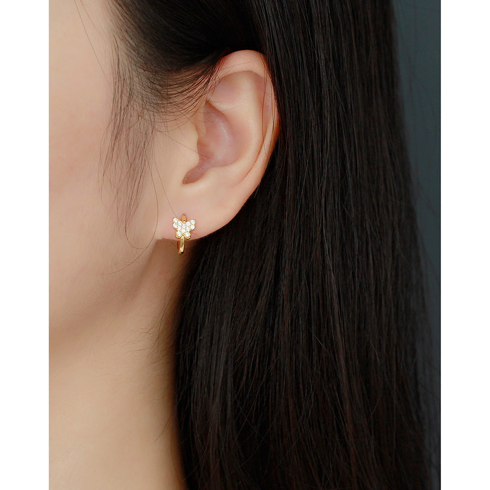 Sweet Minimalist Butterfly-Shaped S925 Sterling Silver Stud Earrings with Rhinestone Inlay
