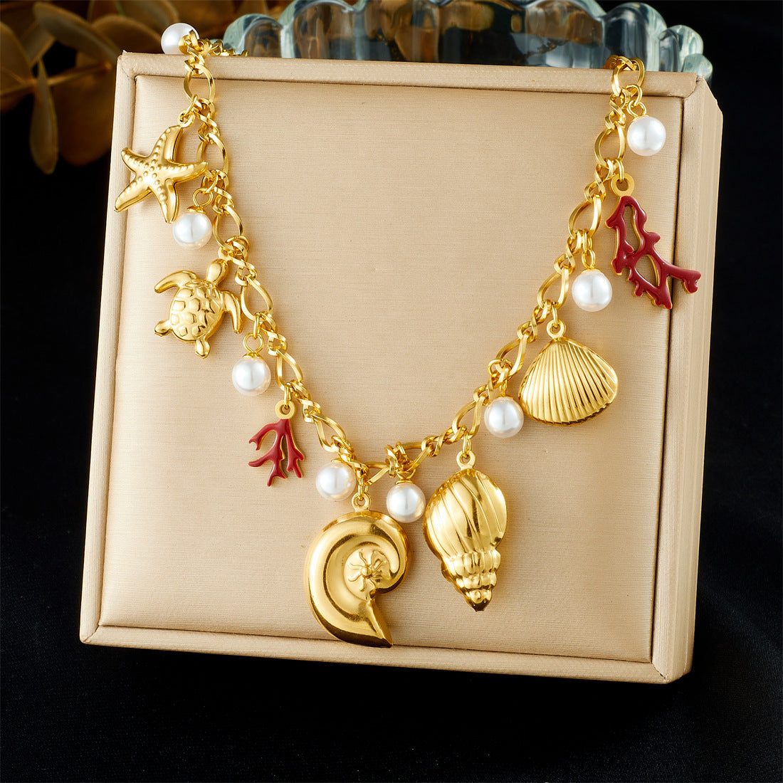 Gold Plated Drip Oil Starfish Shell Coral Pendant Stainless Steel Cable Chain Necklace for Women