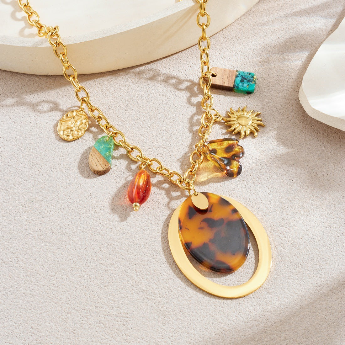 Vintage Gold Plated Geometric Oval Leopard Print Stainless Steel Pendant Necklace for Women