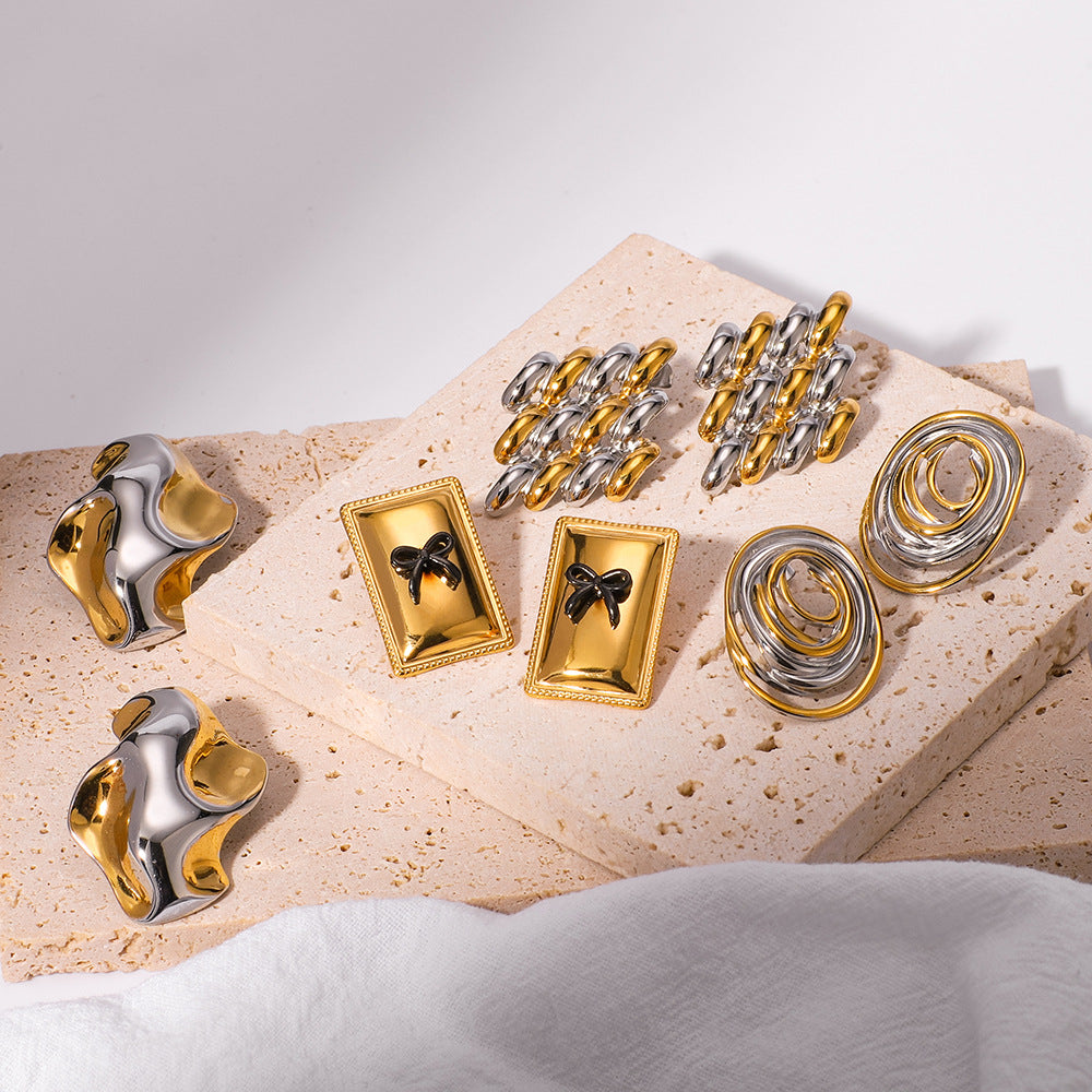 Geometric Stainless Steel Earrings with 18K Gold Plating, Bowknot Texture and Irregular Folded Design for Women
