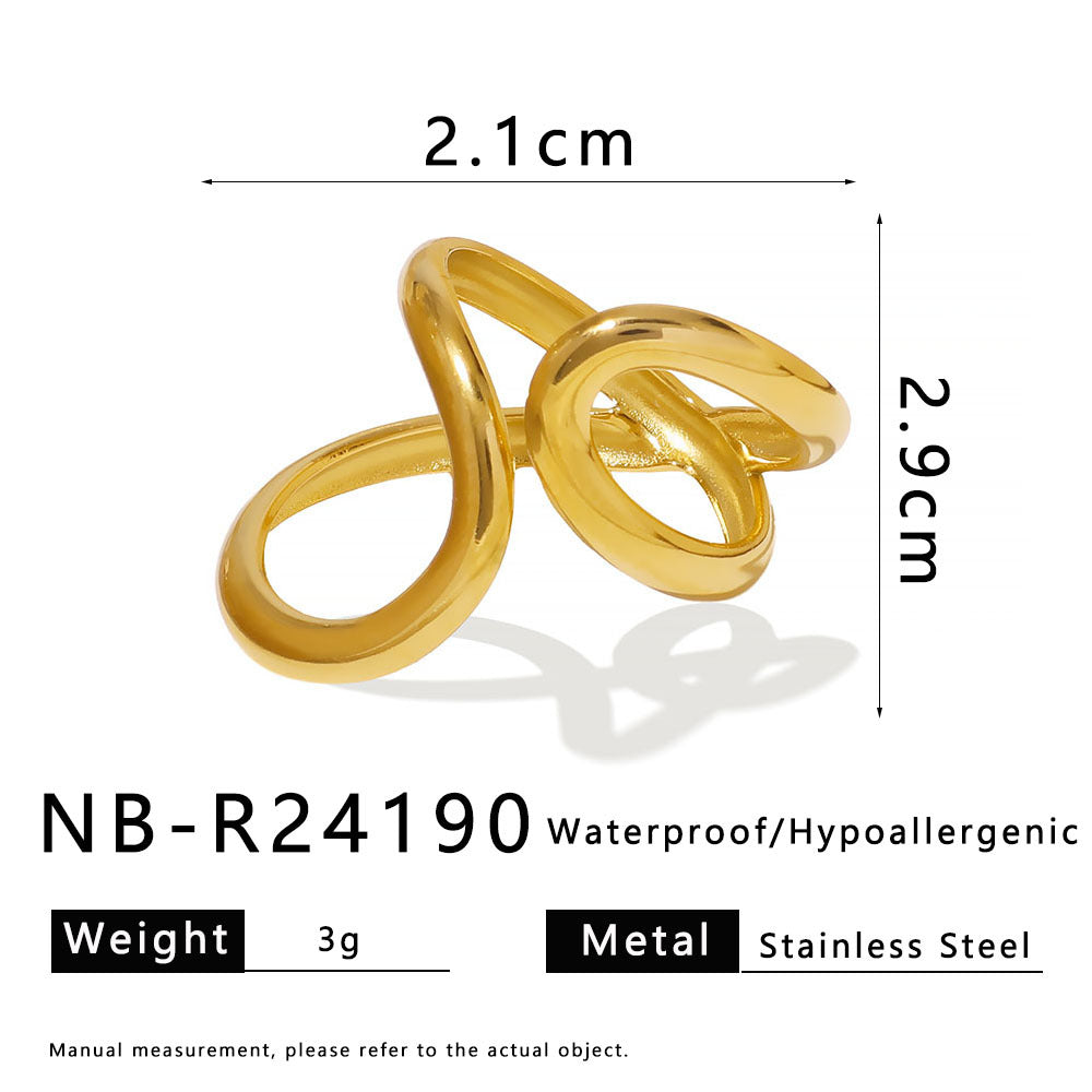 Minimalist Stainless Steel Ring with 18K Gold Plating, Asymmetrical Double Teardrop Shape, Geometric Design Hand Jewelry