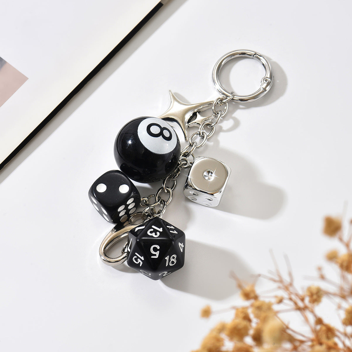 Round Geometric Hand-beaded Zinc Alloy Keychain with Black 8 Billiard Ball Charm