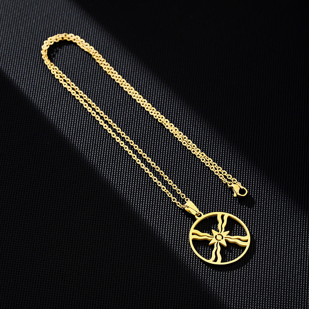 Collana con Pendente Etnico Geometrico a Simboli Shams in Acciaio al Titanio con Finitura Placcata per Uomo e Donna