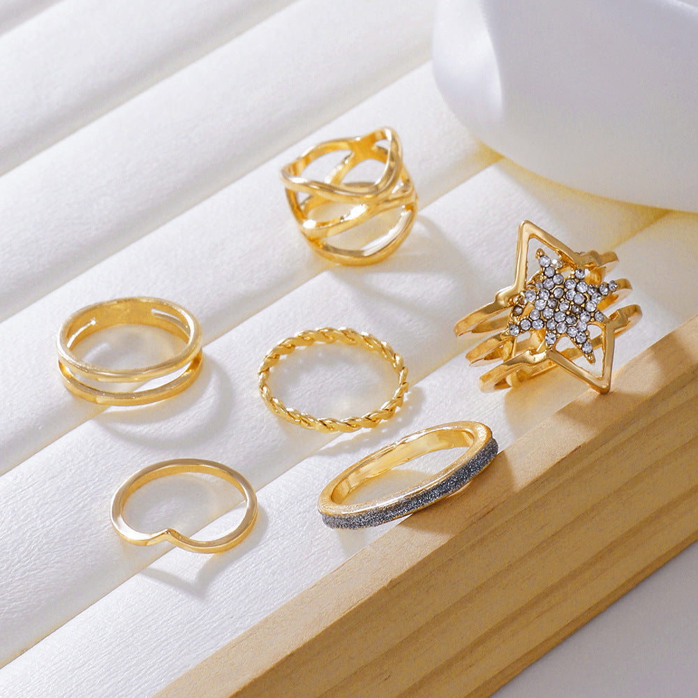 Vintage Geometric Round Rhinestone Inlay Plated Alloy Ring Set for Women