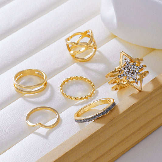 Vintage Geometric Round Rhinestone Inlay Plated Alloy Ring Set for Women