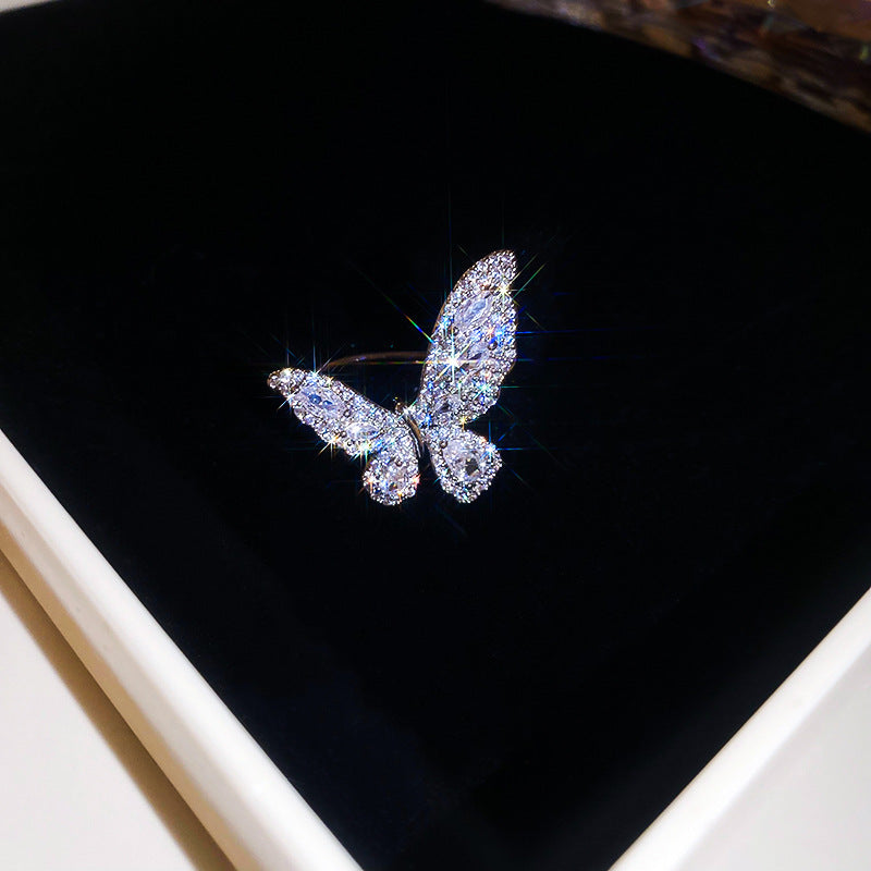 Anello Aperto a Forma di Farfalla in Rame con Intarsio di Zirconi da Donna, Anello da Dito Minimalista Estetico Naturale