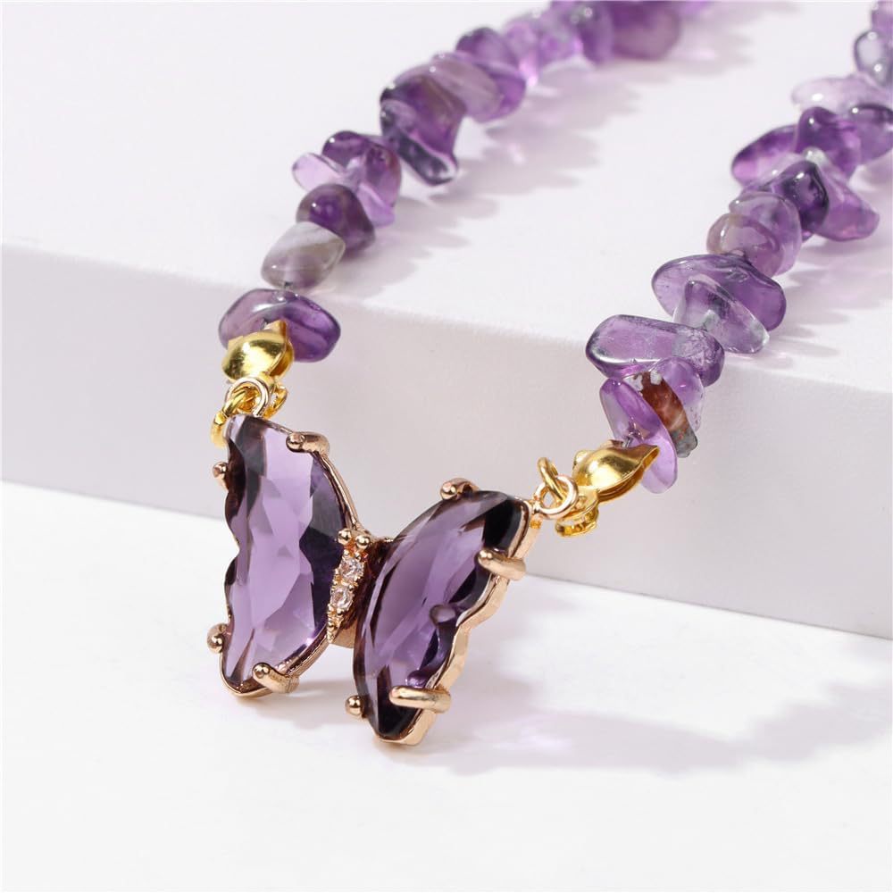 Butterfly Brass Necklace with Cubic Zirconia and Crystal Pendant Cable Chain Unisex