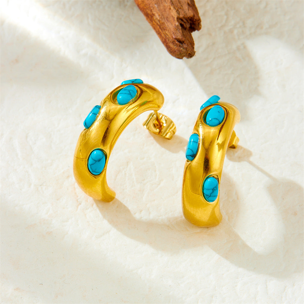 Vintage Elegant Micro-Inlaid Turquoise Geometric Round Stud Earrings Stainless Steel